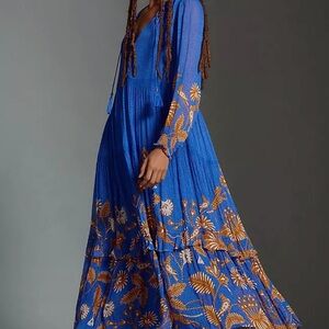 Anthropologie Blue and Orange Floral Long Sleeve Dress